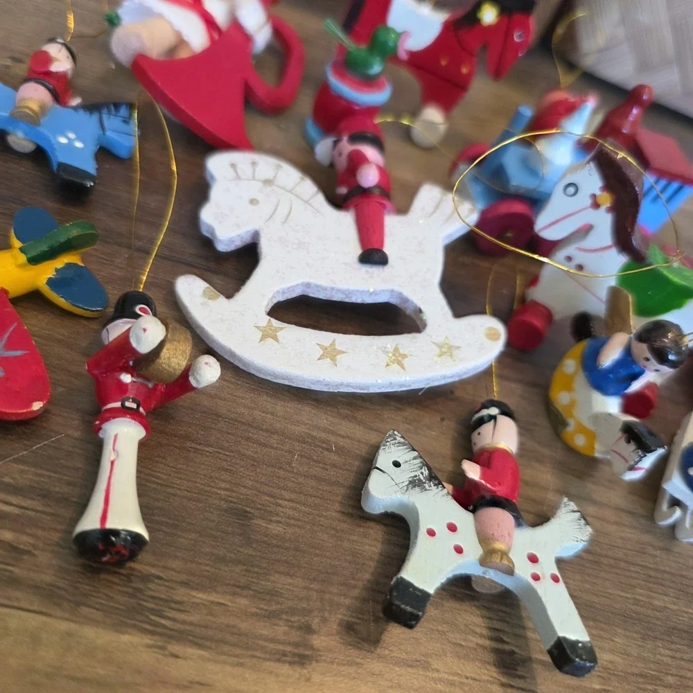 Wooden Christmas Tree Ornaments Lot of 14 Angel Train Toy Soldiers Sleigh Horses